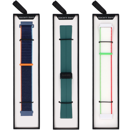 Set von Armbändern für Smartwatch GlacierX Grip Strap Ice White + Silikon-Magnetverschluss Forest Green + Grip Strap Nylon Ocean Blue 22mm