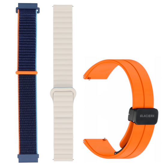 Zestaw pasków do smartwatcha GlacierX Silicone Magnetic Wave Creamy Sky +  Silicone Magnetic Buckle Vibrant Orange + Grip Strap Nylon Ocean Blue 22mm